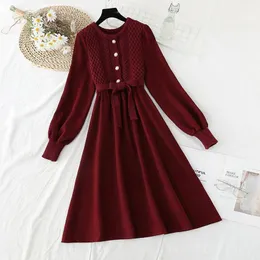 Fritidsklänningar Koreanska Höst Vinter Stickad Patchwork Manchesterklänning Kvinnor 2022 Vintage Rosettbandage Bottentröja Vestidos