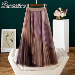 Surmiitro koreansk stil tutu tyll lång kjol kvinnor vår sommar stava färg mesh hög midja veckad midi kjol kvinnlig 210315
