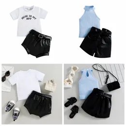 Mädchen Designerkleidung Kinder Tops Lederhosen Kleidungssets Baby Pit Gestreifte Weste mit hängendem Hals Ledershorts Outfits Sommer Boutique Baby Weste Hosenanzug B32