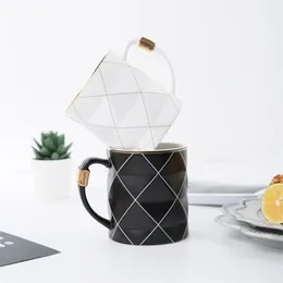 Nordic Golden Black and White Grid Geometry Ceramic Coffee Mug Porcelain Juice Drinking Cup Coffee Milk TEA Cup 210409