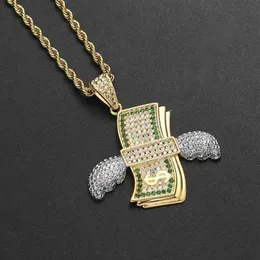 Hop Hip CZ Stone Paled Bling Out Flying Dollars Money Pendants Necklace For Men Rapper Jewelry Gold Color231p