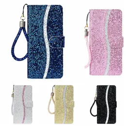 BLING Glitter Sparkle Läder Plånbok Fodral För Samsung Galaxy A33 A53 A73 5G Xiaomi RedMi Note11 5G Not 11 Pro Sequin Deluxe Flip Cover Holder Lady Book Purse Lanyard