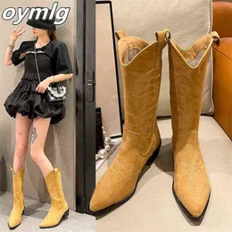 Western Boots Women Salto grosso pontuado 2022 Autumn New Four Seasons Boots BOOTS V Mouth Bordado Botas Retro Cowboys Y220729