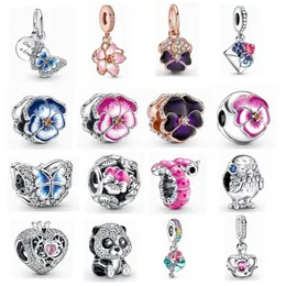 2022 New 925 Sterling Silver Spring Pansy Flower Charms Ciondolo Farfalla smaltata Perline per bracciali e collane Pandora originali Gioielli da donna fai da te