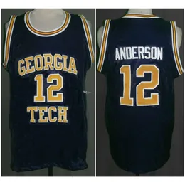 Nikivip Kenny Anderson # 12 Tech College Maglia da basket retrò blu navy Maglia da uomo personalizzata con nome numerico cucita