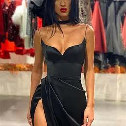 LVINMW Sexy Black Satin Spaghetti Straps Low Cut Long Dress Women Summer Ruched Side High Split Maxi Dress Elegant Party Club 220527