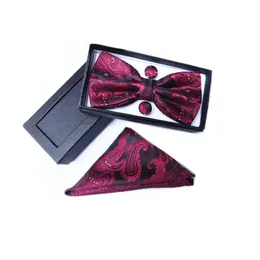 Men Bow Tie Box Set Wedding Gifts For Guests 100 Silk Gold Jacquard Pink Black Red Bowtie Handkerchief Cufflinks Groomsman