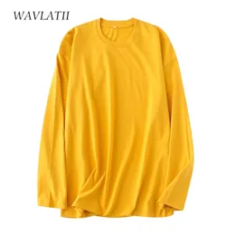 WAVLATII Donna T-shirt a maniche lunghe gialle Donna 100% cotone Primavera Autunno T-shirt verdi Lady Basic Nero Bianco Top WLT2118 220328