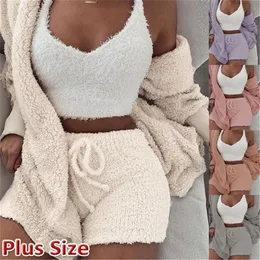 Helisopu Solid Fluffy Plush 3 قطع مجموعة من الملابس الرياضية غير الرسمية أعلى شورتات صغيرة صغيرة الأكمام سترة النساء T200810