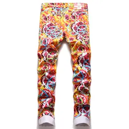 2022 Summer Men's Colorful Printed Jeans Fashion Slim Pencil Pants Stretch Digital Painted Trousers Pantalones de hombre