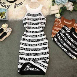 Neploe Knitted Letter Print Women Dresses Summer Halter Sleeveless Camis Vestidos Sexy Slim Waist Bodycon Dress Y220704