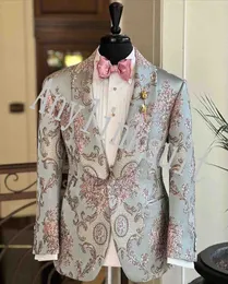 Real Po Damask Groom Tuxedos Shawl Collar Men Prom Business Suits Blazer Dress Customize W14982180