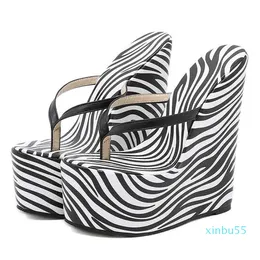 Sexy Zebra Super 18cm High Heels Platform Wedges Pinch Slippers Women Sandals Mules Slippers Shoes