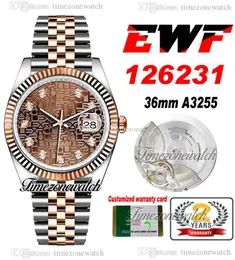 EWF 36 126233 A3235 Mens Automático Assista Dois Tom Rose Gold Brown Logo Diamantes Discar 904L Jubileesteel Bracelet com Mesma Cartão Serial Super Edition TimeZoneWatch R04