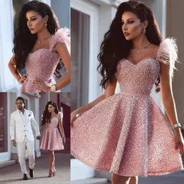 HOT! Elegant Pink Short Party Cocktail Dresses A Line Sweetheart Spaghetti Sequins Beads Mini Short Homecoming Prom Gowns