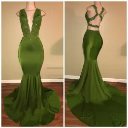 Prom Green Dresses Mermaid Deep V Neck Pärled golvlängd elastisk satinärmlös kväll formell slitage svansparty klänningar vestidos skräddarsydda plus size estidos