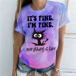 재미있는 고양이 it fine im fine 모든 것은 여자를위한 작은 프린트 tshirts 여름 oneck 티 셔츠 femme 패션 캐주얼 tshirts 220615