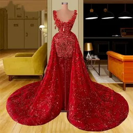 Red Mermaid Prom Dresses Sexy Deep V Neck Spaghetti Straps Sleeveless Sequins Appliques Beads Detachable Train Floor Length Plus Size Formal Party Gowns Custom Made