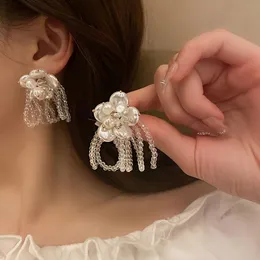 Lustre de lustre coreano elegante e elegante brincos de gota de flores para mulheres meninas moda miçangas bowknot tassel jóias de jóias de casamento presente