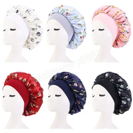 Neu Satin-Mütze mit Rosen-Blumendruck, breites Band, Stretch-Headwrap, Nachtschlaf-Mütze für Frauen, weiche Kopfbedeckung, Haarpflege, Chemo-Mütze