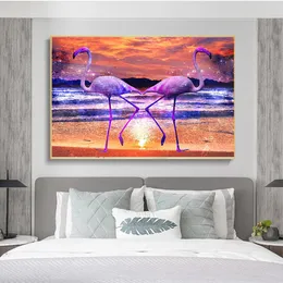 Flamingo By The Sea At Dusk Canvas Painting Animal Mural Posters And Prints Wall Art Pictures For The Living Room Decoration
