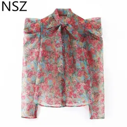 NSZ Women Floral Transparent Organza Blouse Sheer Top Bow Neck Sexy See Through Shirt Long Sleeve Elegant Top Chemise Femme T200322
