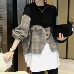 EWQ Spring Fashion Office Lady Blue Round Neck Longsleved Minimalist Patchwork Knit Plaid Pullover Loose Shirt 8Q649 210401