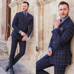 Men's Suits & Blazers Dark Blue Plaid Tailor-Made 2 Pieces Blazer Pants High Quality Wedding Business Groom Double Breasted Tailored Busines