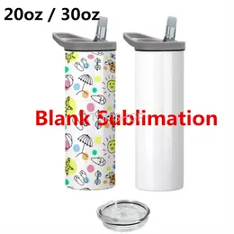 Blank Sublimation 20 oz 30 onças Copas retas de parede dupla em aço inoxidável aço com isolamento de viajante com manobras com alças duas tampas para capa portátil EE