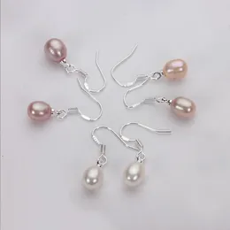 925 Silver 7-8-9-10mm Pearl Dangle Chandelier Freshwater Pearl Arrings Water Drops Beads White Pink Purple Lady/Girl Fashion Jewelry