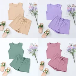 Summer Kids Ribbed Clothing Set Casual Plain Rands Sleeveless Outfits Boutique Children Boy and Girls Solid Suits Home Clothes