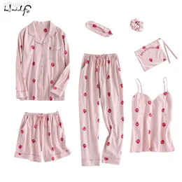 2018 Frühlings- und Sommer Baumwolle süße Erdbeer -Print -Pyjama Frauen sexy Dessous Sets Nachtwäsche 7 PCs Home Clothing L220803