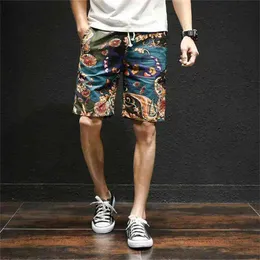 summer Hawaiian style flower beach shorts mens cotton linen elastic waist large size casual shorts M5XL 210322