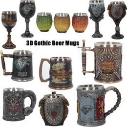 Mugs Beer Coffee Cups 3D Gothic Sculpture Goblet Iron Throne Tankard Stainless Steel Resin Wine Glass Mug Christmas GiftsMugs