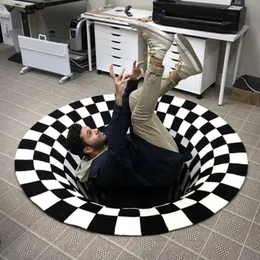 Mattor Trap Effekt Bottomless Hole Carpet Round Black White Grid Room Sovrum Anti-slip Golvmattor Heminredning Rugscarpets