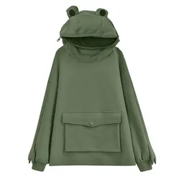 Frog Hoodie Harajuku bluza dla kobiet słodka japońska top top kreatywny szwy urocze żaby pullover kieszonka sprzedaj 210924