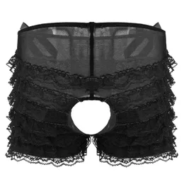 Underpants Mens Sissy Boxer Panties Floral Lace Lingerie Mid Rise Open Crotch Super Frilly Ruffled Layered Briefs Underwear PantiesUnderpant