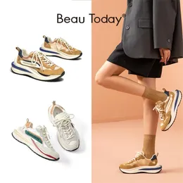 BeauToday Waffel Sneakers Damen Kunstleder Mischfarben LaceUp Plateau Trainer Damen Freizeitschuhe Handgemacht A29415 220812