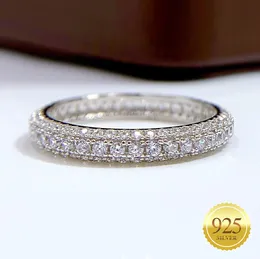 925 Sterling Silver Ring med sidostenar Glänsande fulla kubiska zirkonia Pave CZ stapelbar Eternity Dome Band Ring for Women