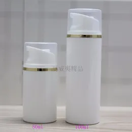 Flacone per lozione per pompa a vuoto airless bianco da 100 pezzi da 100 ml con linea d'oro e tappo trasparente, flacone cosmetico vuoto da 100 ml con linea d'oro