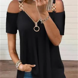 Zipper V Neck Off Shoulder Short Sleeve Shirt Women's Sexy Summer Casual T Shirt Fashion Loose Pullover Sling Tops 220525