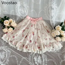 Sweet Lolita Style Princess Mini kjolar japanska flickor spetsar ruffles bow svart jk kjol kvinnor gotiska blommor tryck parti kjolar 220523