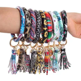 Jewelry Bracelets Women Tassels PU Leather Wrap Key Ring Leopard Lily Print Keychain Wristband Sunflower Drip Oil Circle Bangle Chains