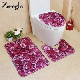 ZEEGLE 3PCS Banheiro de banheiro 3D Padrão de flores Absorvente S tapetes não deslizam o conjunto de tapetes 220504