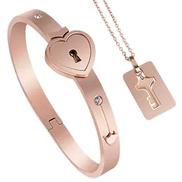 2pcs His and Hers Matching Couple Bracelet Necklace Set, Stainless Steel Love Heart Lock Bangle Key Tag Pendant Necklace Chain