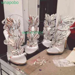 Najlepiej sprzedający się Trendy Lady Angel Wings Czarne Żółte Wysokie Obcasy Sandały Gladiator Rzym Kobiety Liść Skórzane Party Dress Pompy Shoes220513