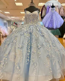 Sparkle paljetter vestidos de 15 anos 2022 puffy quinceanera klänning med båge baskisk söt 16 klänning lång prom klänning älskling snörning bollklänning lila isblå spaghetti