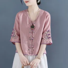 Women's TShirt Retro Embroidered Knot Button Cotton Shirt Womens 2023 Summer Chinese Zen Tea Gown Loose Short Vneck Top 230206