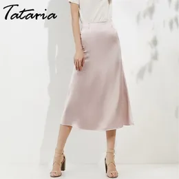 Tataria High Waisted for Silk Satin ALine Elegant Skirts Women Midi Skirt New Korean Style T200324