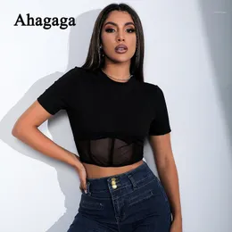 Women's T-Shirt Ahagaga 2022 Summer Patchwork Women Black Rib Mesh Short Tee Casual Chic O-neck Skinny Regular Female Blusas Top